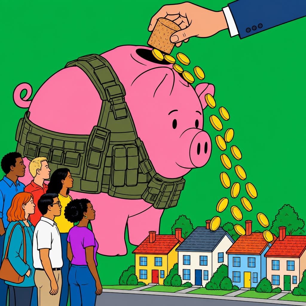 Ilustración: Una alcancía gigante en forma de cerdo con chaleco táctico; una mano le quita el corcho y las monedas caen hacia una hilera de casitas.