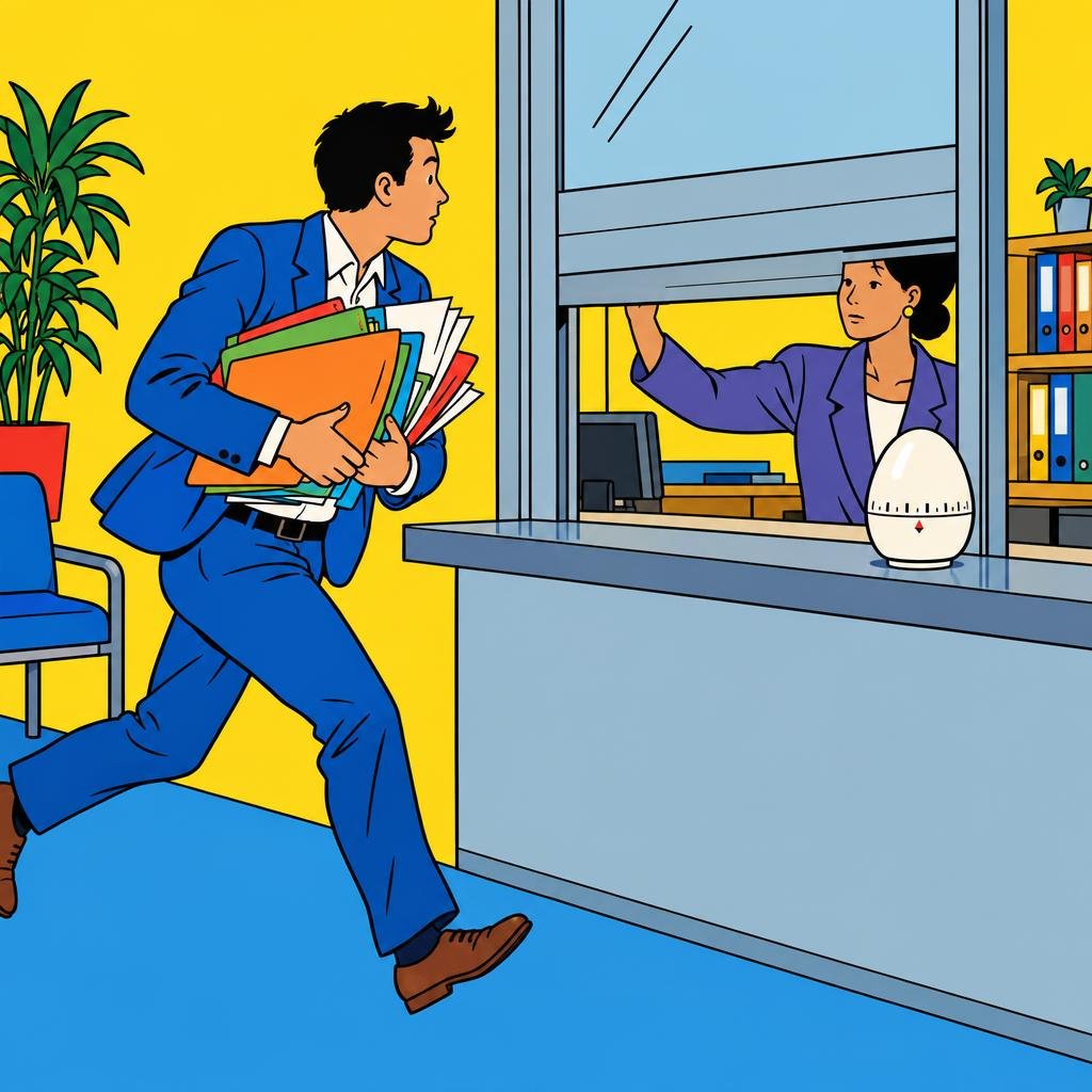 Ilustración: Una persona corre con los brazos llenos de carpetas hacia una ventanilla que se está cerrando; en el mostrador, un temporizador de cocina.