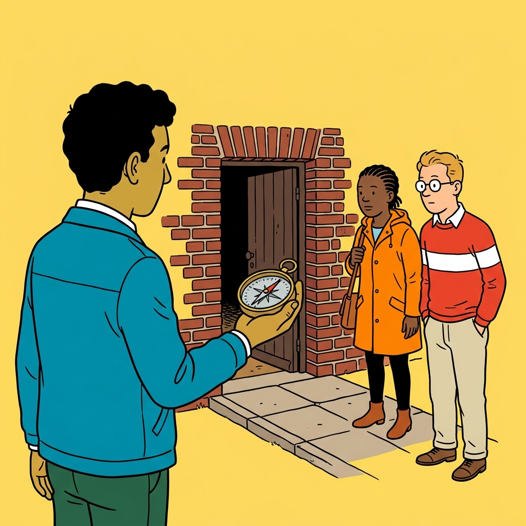 Ilustración: La aguja de una brújula que apunta hacia una pequeña puerta abierta en un muro de ladrillo.