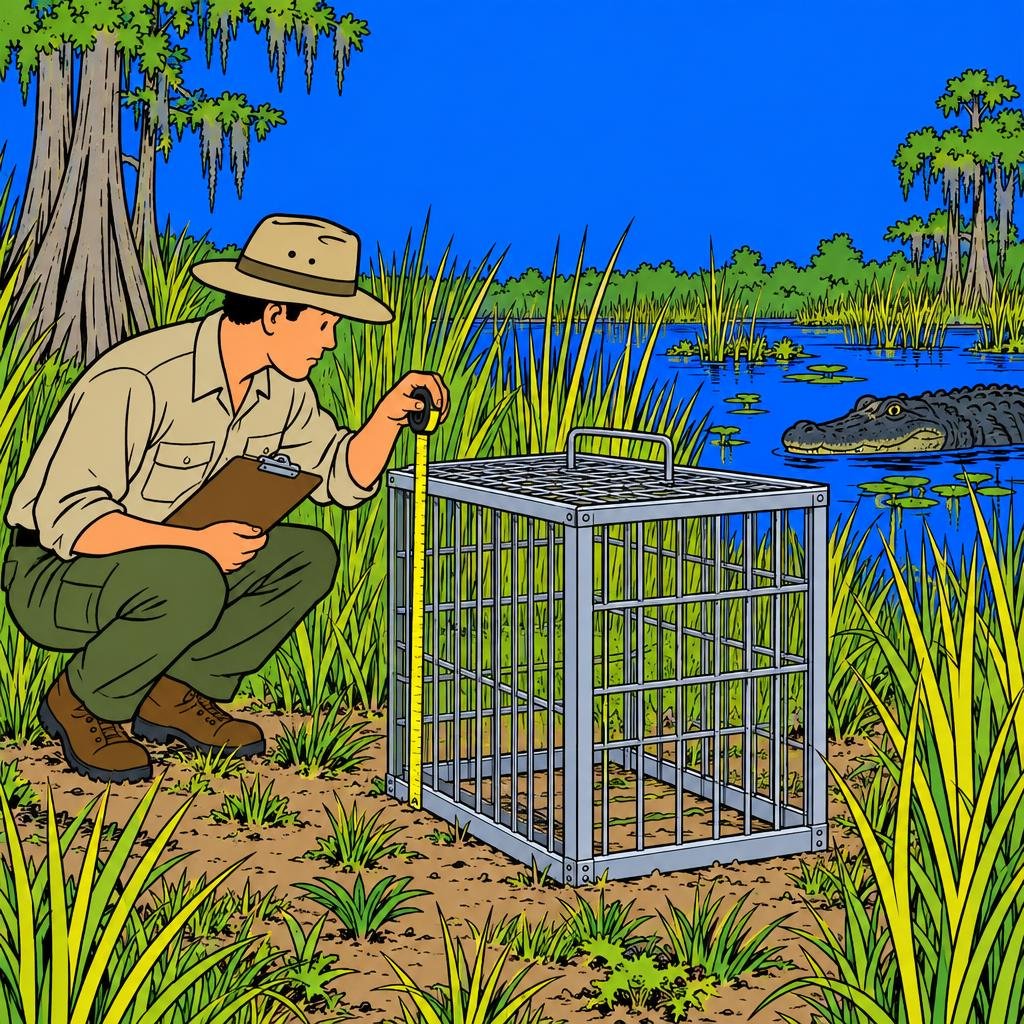 Ilustración: Una pequeña jaula de metal vacía en un claro del pantano; un inspector agachado la mide con una cinta, y un caimán observa desde el agua.