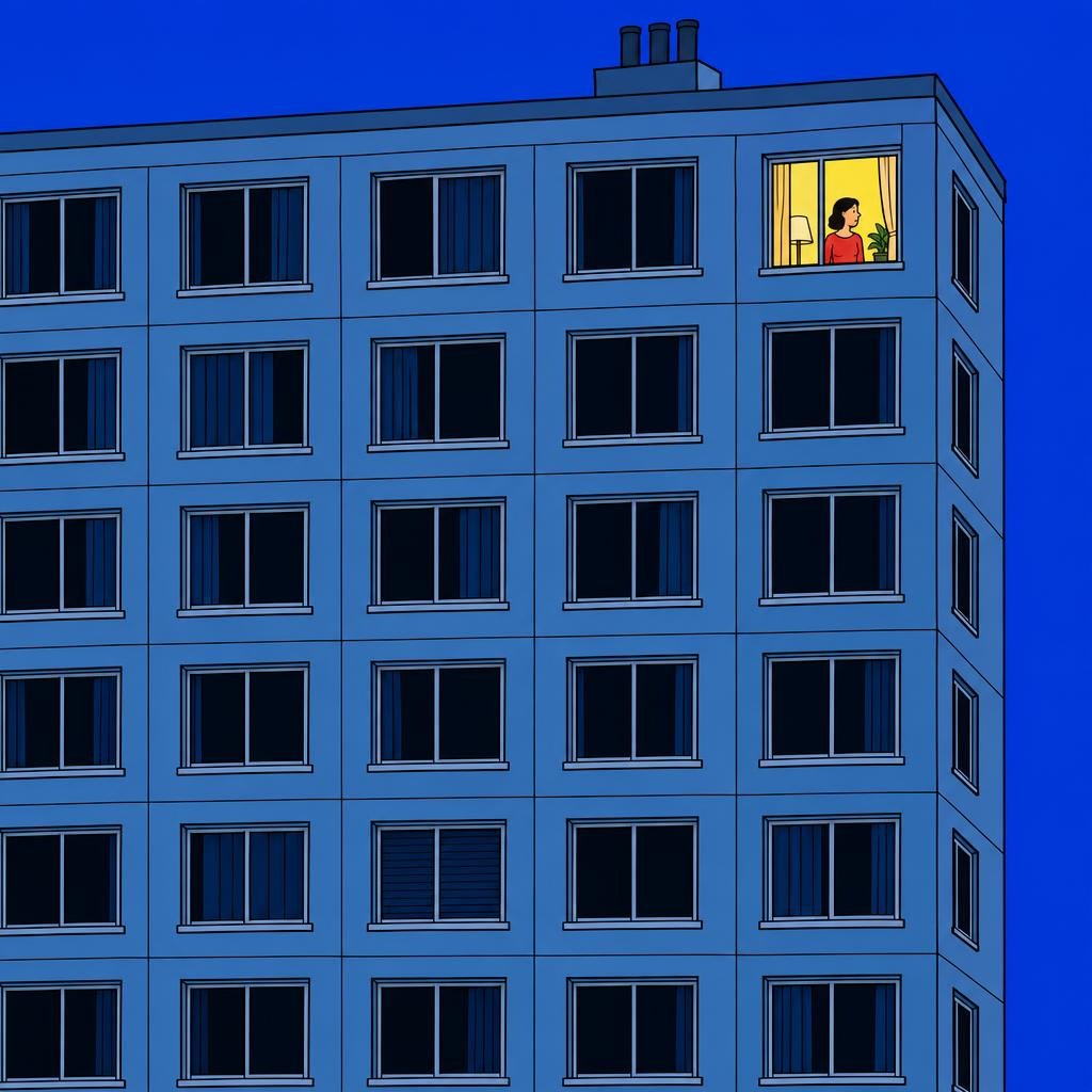 Ilustración: Una fachada de noche con muchas ventanas apagadas y una sola ventana encendida en la orilla.