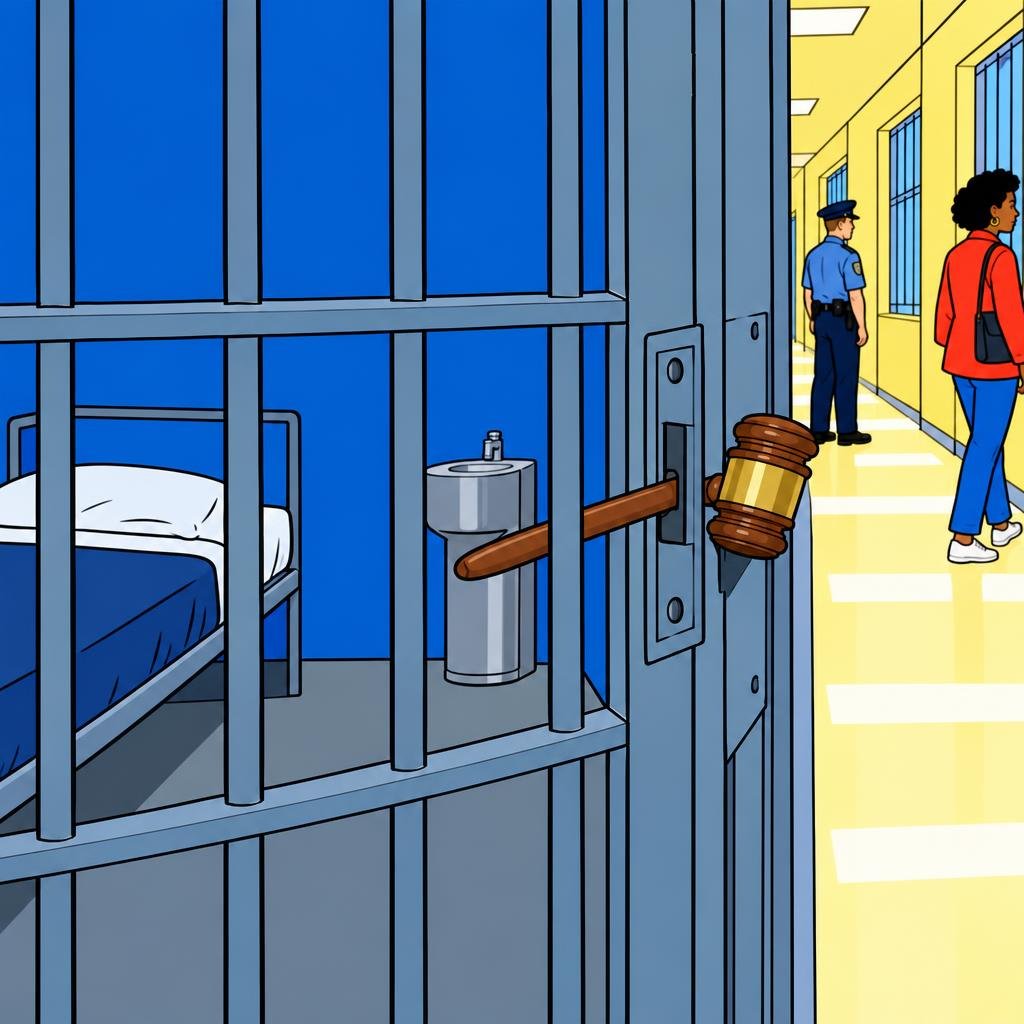 Ilustración: Un mazo de juez atorado en la puerta de una celda la mantiene abierta, y la luz del pasillo entra por el hueco.